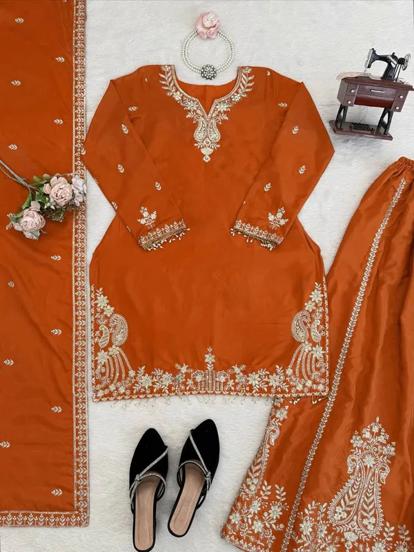 Orange_Premium_Embroidered_Georgette_Sharara_Suit_Set_For_Women