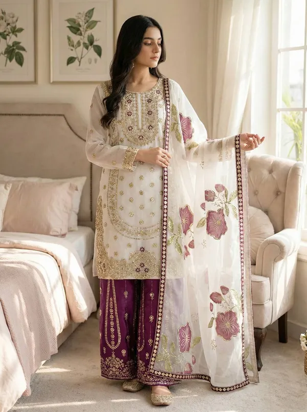 White_And_Purple_Premium_Embroidered_Georgette_Pakistani_Suit_Set_For_Women