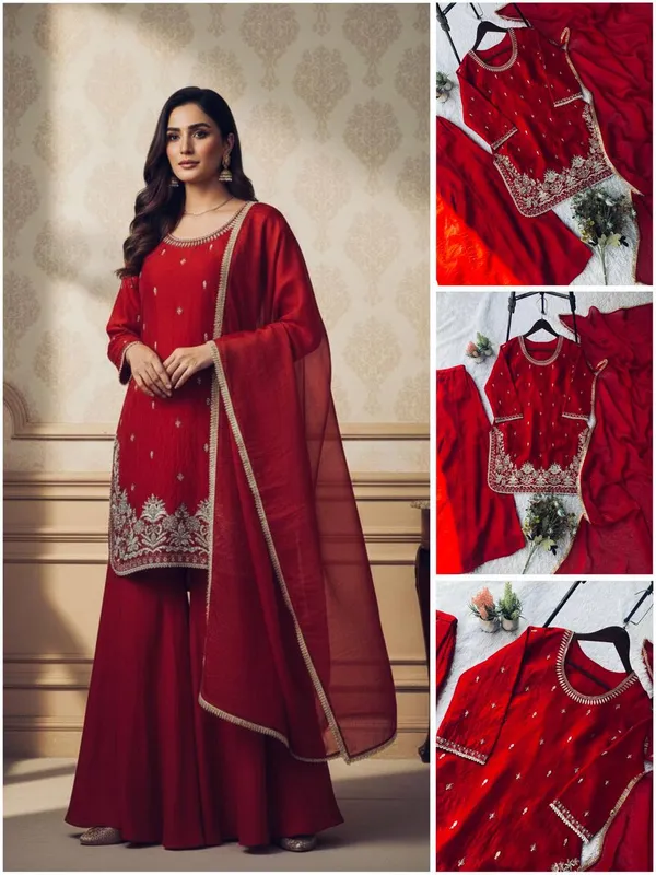 Red_Premium_Embroidered_Mixed_Fabric_Kurta_Palazzo_Set_For_Women