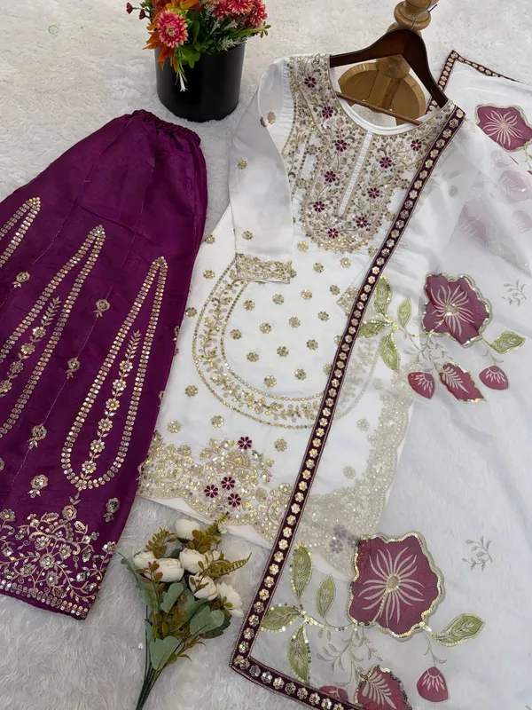 White_And_Purple_Premium_Embroidered_Georgette_Pakistani_Suit_Set_For_Women