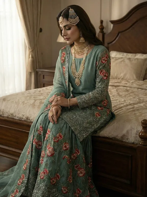 Green_Premium_Embroidered_Georgette_Sharara_Suit_Set_For_Women