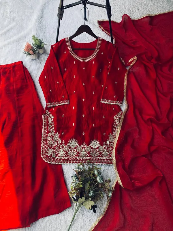 Red_Premium_Embroidered_Mixed_Fabric_Kurta_Palazzo_Set_For_Women