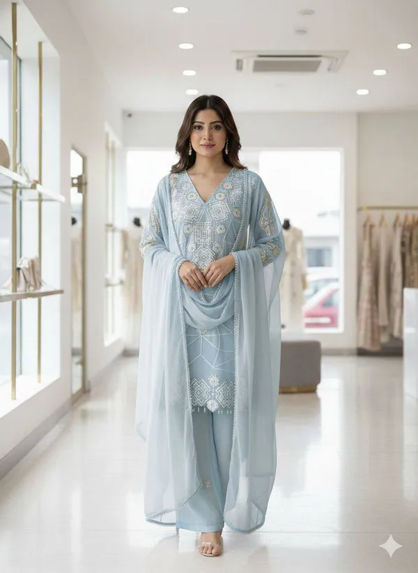 Blue_Premium_Embroidered_Georgette_Sharara_Suit_Set_For_Women