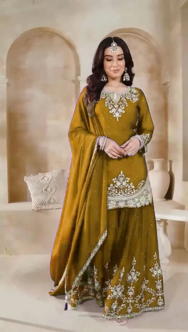 Yellow_And_Green_Premium_Embroidered_Velvet_Gharara_Suit_Set_For_Women