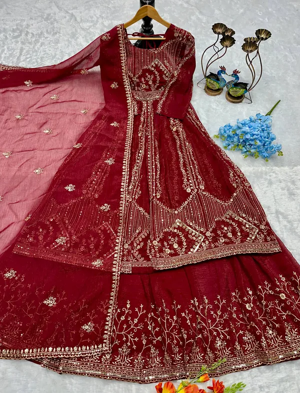 Red_Premium_Embroidered_Silk/Georgette_Anarkali_Suit_For_Women