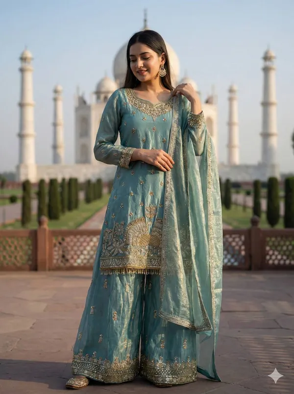 Sky_Blue_Premium_Embroidered_Silk_Blend_Sharara_Suit_Set_For_Women