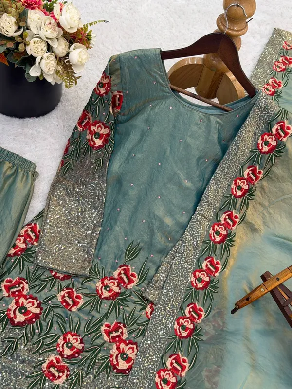 Green_Premium_Embroidered_Georgette_Sharara_Suit_Set_For_Women
