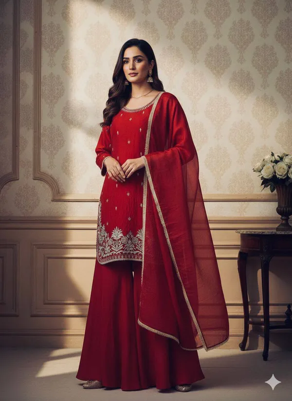 Red_Premium_Embroidered_Mixed_Fabric_Kurta_Palazzo_Set_For_Women