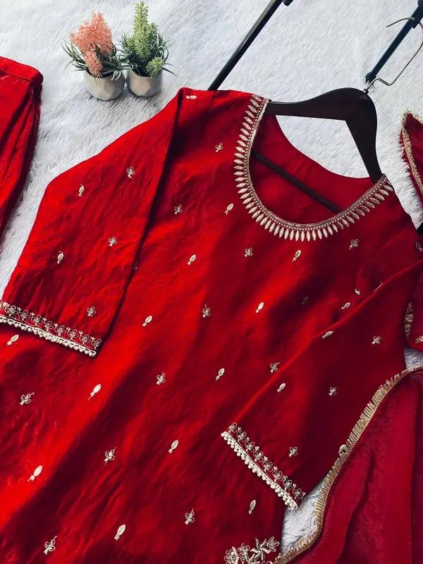 Red_Premium_Embroidered_Mixed_Fabric_Kurta_Palazzo_Set_For_Women