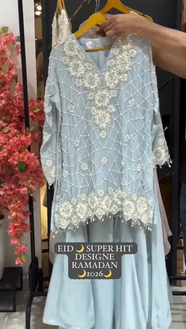Blue_Premium_Embroidered_Georgette_Sharara_Suit_Set_For_Women