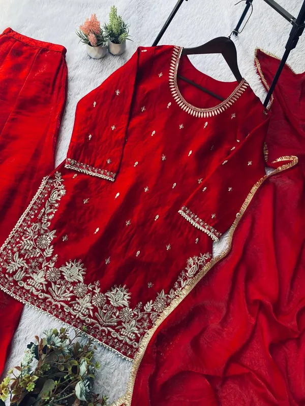 Red_Premium_Embroidered_Mixed_Fabric_Kurta_Palazzo_Set_For_Women
