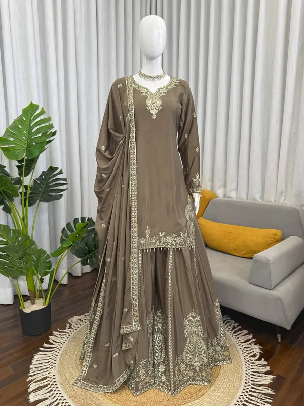 Brown_Premium_Embroidered_Silk_Blend_Gharara_Suit_Set_For_Women