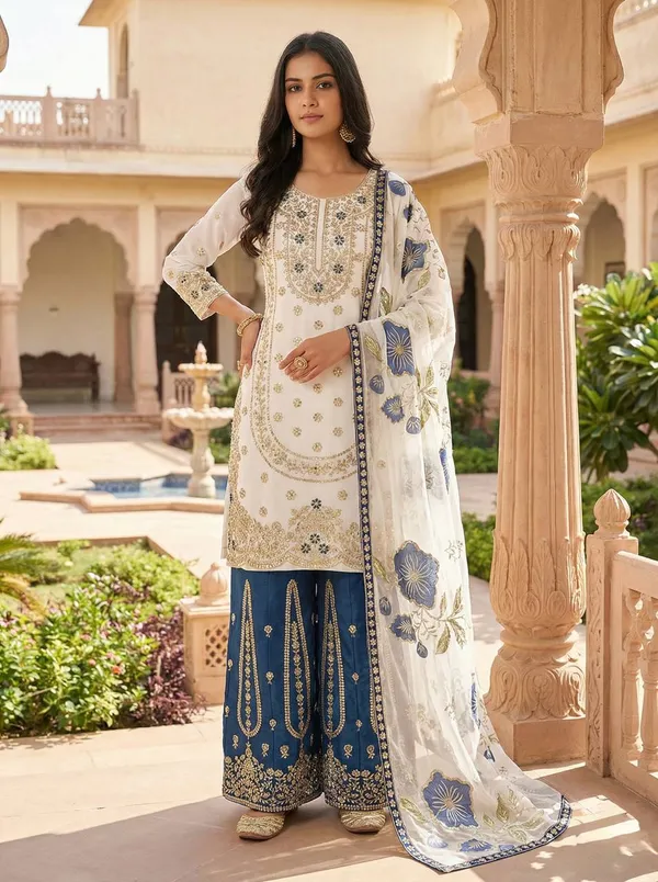 White_Premium_Embroidered_Georgette_Sharara_Suit_Set_For_Women