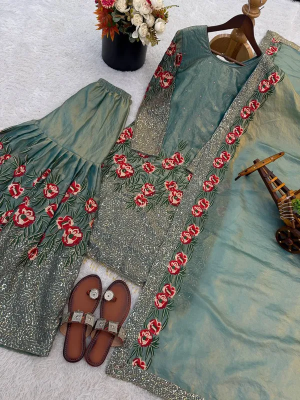 Green_Premium_Embroidered_Georgette_Sharara_Suit_Set_For_Women