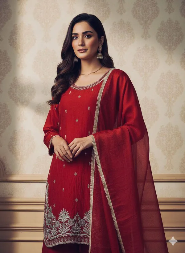 Red_Premium_Embroidered_Mixed_Fabric_Kurta_Palazzo_Set_For_Women