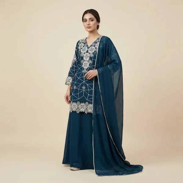 Teal_Blue_Premium_Geometric_Cotton_Blend_Kurta_For_Women