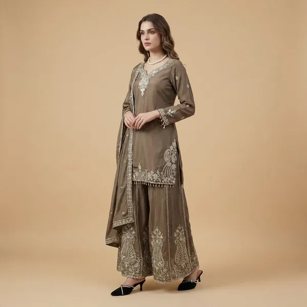 Brown_Premium_Embroidered_Silk_Blend_Gharara_Suit_Set_For_Women