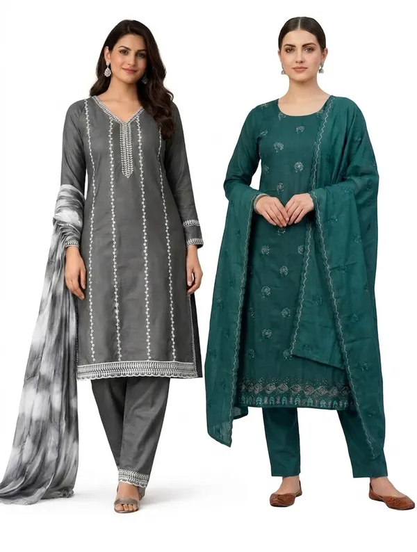 Teal_Green_And_Grey_Mixed_Cotton_Salwar_Suit_Set_For_Women_Pack_Of_2