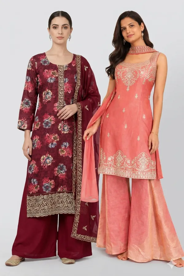Peach_And_Magenta_Mixed_Cotton_Kurta_Palazzo_Set_With_Dupatta_For_Women_Pack_Of_2