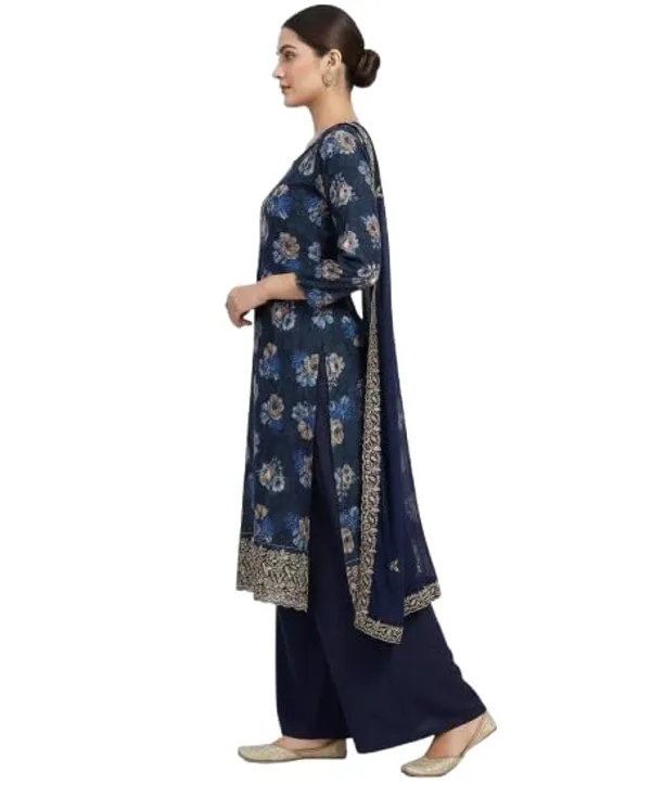Walnut_Brown_And_Navy_Blue_Mixed_Cotton_Kurta_Palazzo_Set_With_Dupatta_For_Women_Pack_Of_2
