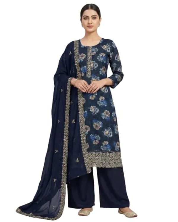 Walnut_Brown_And_Navy_Blue_Mixed_Cotton_Kurta_Palazzo_Set_With_Dupatta_For_Women_Pack_Of_2