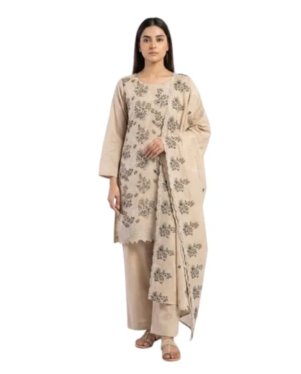 Beige_Mixed_Cotton_Kurta_Set_With_Dupatta_For_Women