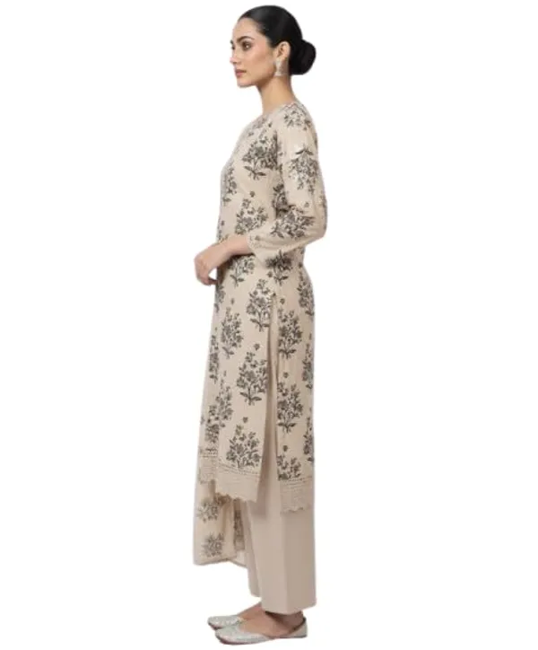 Beige_Mixed_Cotton_Kurta_Set_With_Dupatta_For_Women