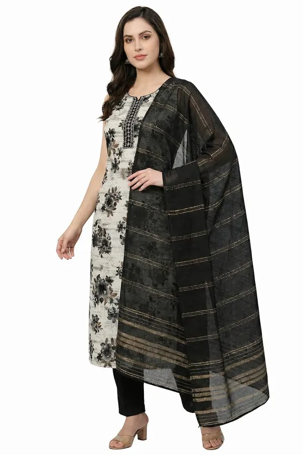Off_White_Mixed_Cotton_Kurta_Set_With_Dupatta_For_Women