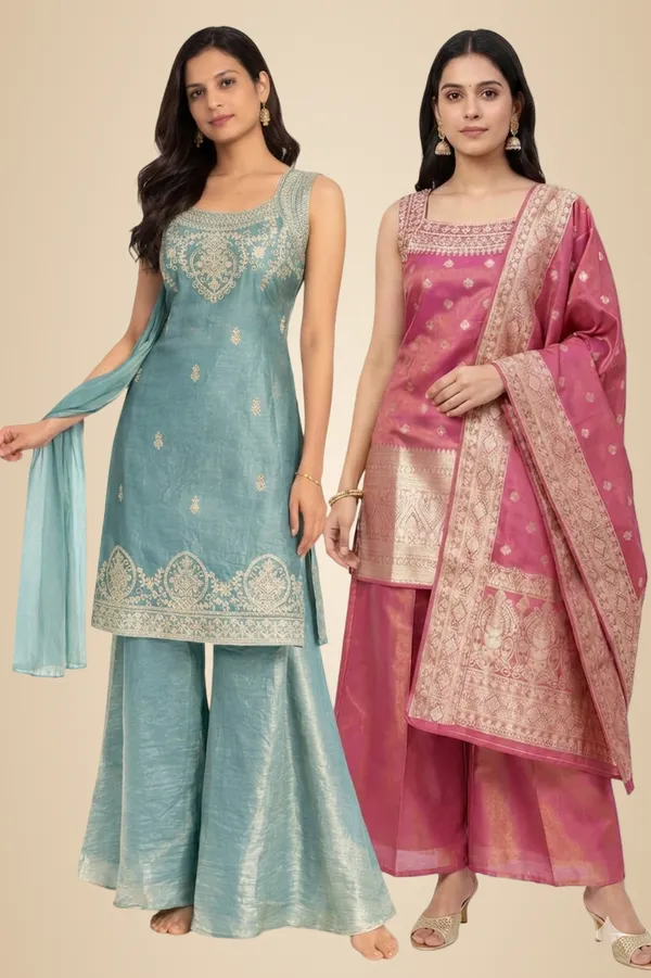 Pink_And_Teal_Green_Mixed_Cotton_Kurta_Palazzo_Set_With_Dupatta_For_Women_Pack_Of_2