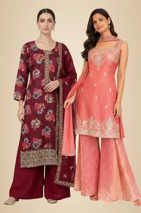 Peach_And_Magenta_Mixed_Cotton_Kurta_Palazzo_Set_With_Dupatta_For_Women_Pack_Of_2