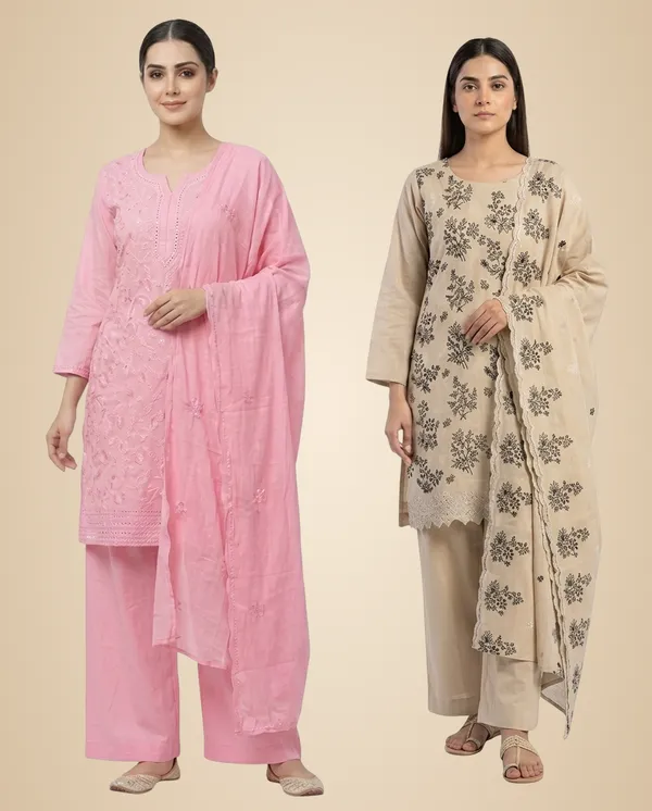 Beige_And_Pink_Mixed_Cotton_Kurta_Set_With_Dupatta_For_Women_Pack_Of_2