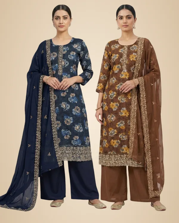 Walnut_Brown_And_Navy_Blue_Mixed_Cotton_Kurta_Palazzo_Set_With_Dupatta_For_Women_Pack_Of_2