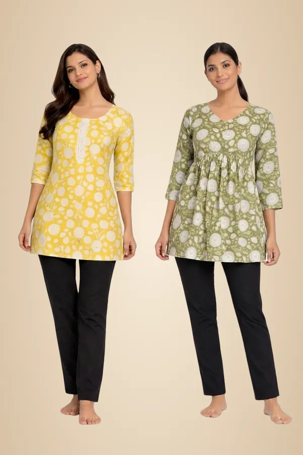 Olive_Green_And_Yellow_Mixed_Cotton_Kurti_Top_For_Women_Pack_Of_2