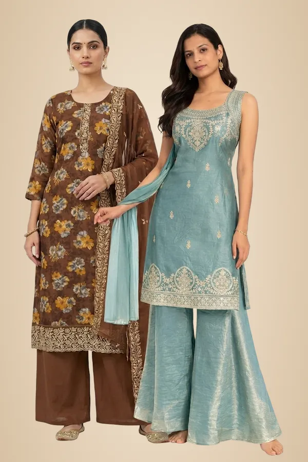 Teal_Green_And_Brown_Mixed_Cotton_Kurta_Palazzo_Set_With_Dupatta_For_Women_Pack_Of_2