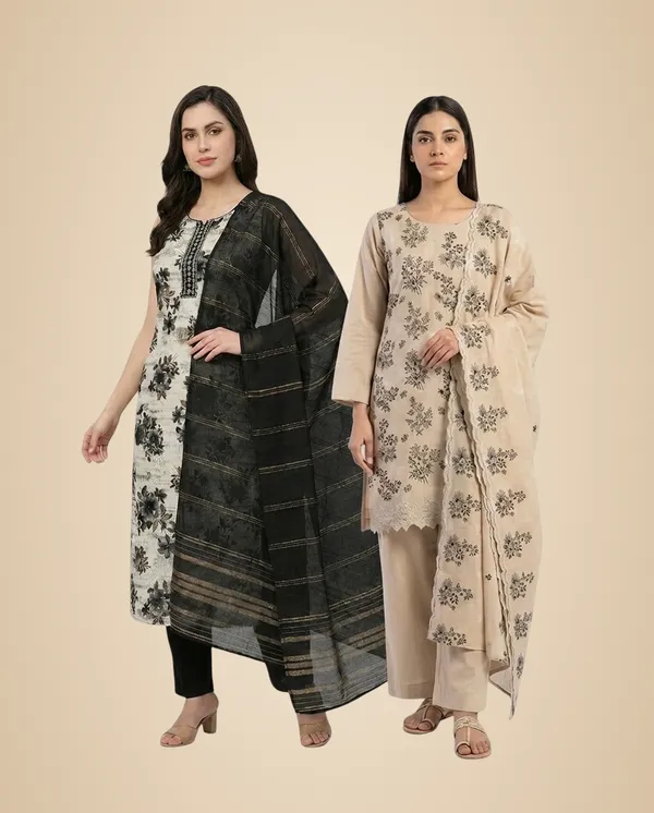 Beige_And_Off_White_Mixed_Cotton_Kurta_Set_With_Dupatta_For_Women_Pack_Of_2