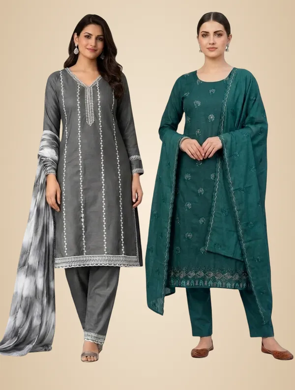 Teal_Green_And_Grey_Mixed_Cotton_Salwar_Suit_Set_For_Women_Pack_Of_2