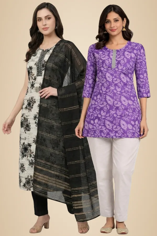 Purple_And_Off_White_Mixed_Cotton_Straight_Kurti_And_Kurta_Set_For_Women_Pack_Of_2