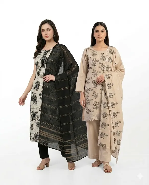 Beige_And_Off_White_Mixed_Cotton_Kurta_Set_With_Dupatta_For_Women_Pack_Of_2