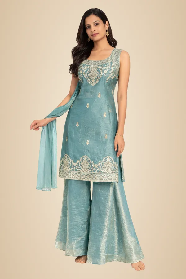 Teal_Green_Mixed_Cotton_Kurta_Palazzo_Set_With_Dupatta_For_Women