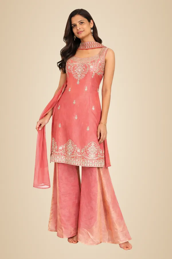 Peach_Mixed_Cotton_Kurta_Palazzo_Set_With_Dupatta_For_Women