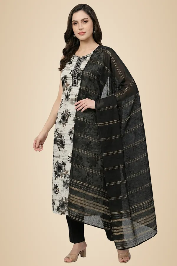 Off_White_Mixed_Cotton_Kurta_Set_With_Dupatta_For_Women