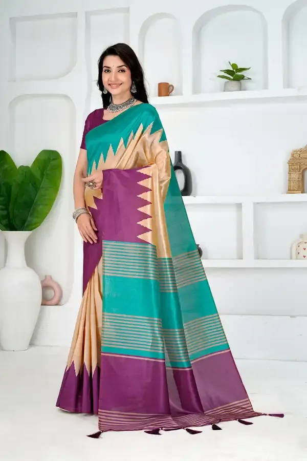 Soft_Tussar_Silk_sarees_with_Beautiful_Print_With_Attractive_Border_And_Contrast_Print_Blouse_With_Tassels_(Lunar_green)