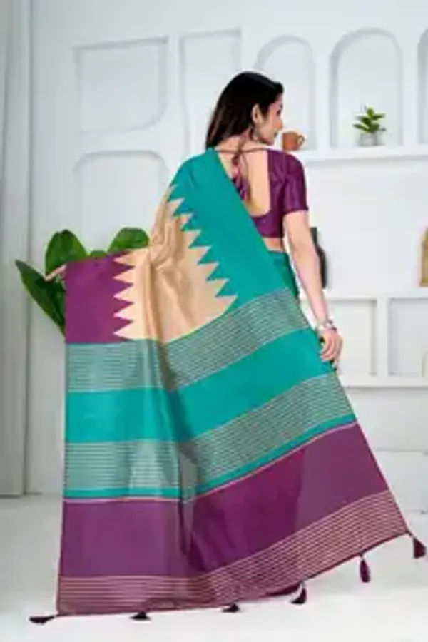 Soft_Tussar_Silk_sarees_with_Beautiful_Print_With_Attractive_Border_And_Contrast_Print_Blouse_With_Tassels_(Lunar_green)