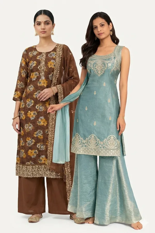 Teal_Green_And_Brown_Mixed_Cotton_Kurta_Palazzo_Set_With_Dupatta_For_Women_Pack_Of_2