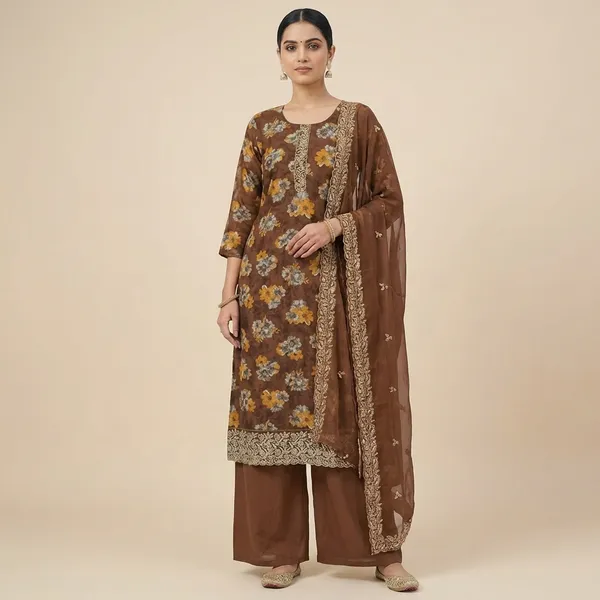 Walnut_Brown_Mixed_Cotton_Kurta_Palazzo_Set_With_Dupatta_For_Women
