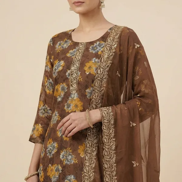 Walnut_Brown_Mixed_Cotton_Kurta_Palazzo_Set_With_Dupatta_For_Women