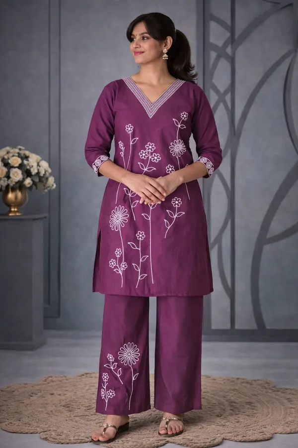 Fashveda_Plum_Bloom_Embroidery_Kurta_Set