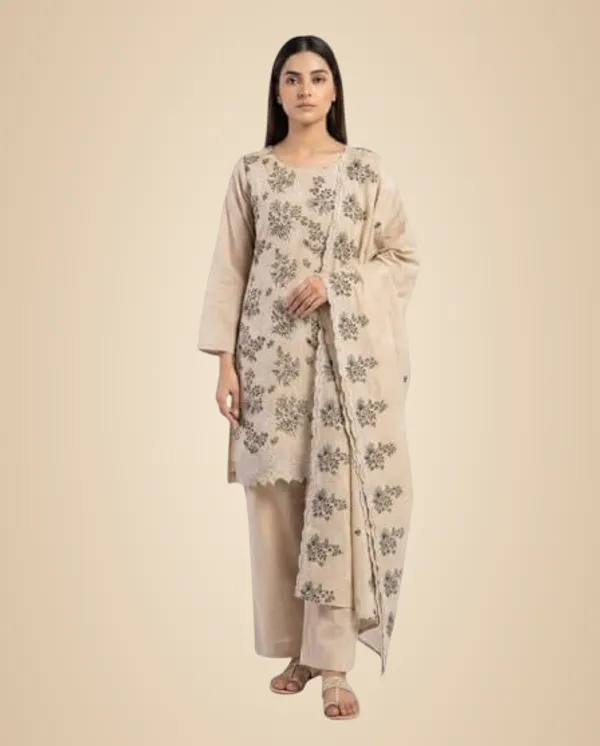 Beige_Mixed_Cotton_Kurta_Set_With_Dupatta_For_Women