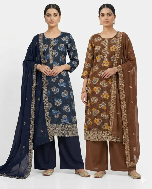 Walnut_Brown_And_Navy_Blue_Mixed_Cotton_Kurta_Palazzo_Set_With_Dupatta_For_Women_Pack_Of_2