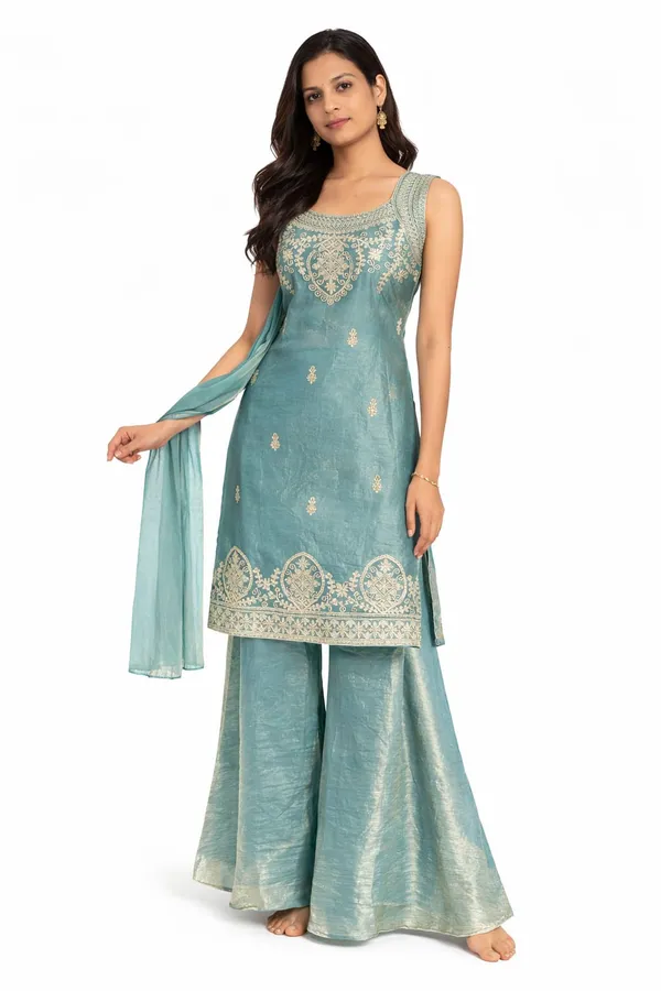 Teal_Green_And_Brown_Mixed_Cotton_Kurta_Palazzo_Set_With_Dupatta_For_Women_Pack_Of_2